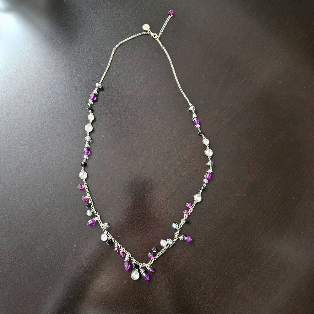 WHBM Purple/Light Pink/Black/Clear Clear Beaded Gold-Tone Necklace